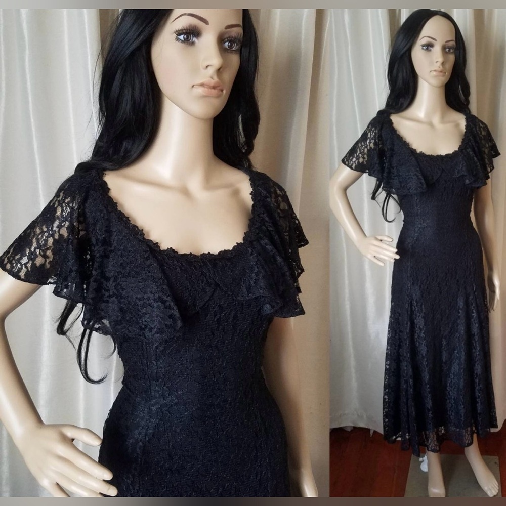 Vintage 80s Lace Black Dress Flutter Sleeves Size Small